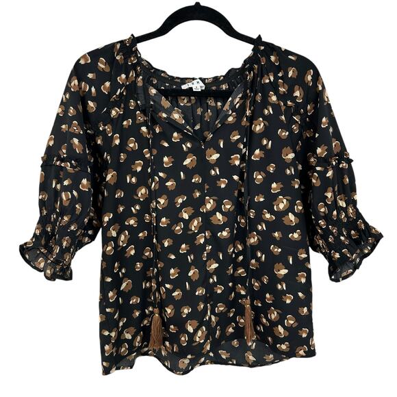 THML Black Brown Abstract Floral Print Front Tie Short Sleeve Top Womens Small - Picture 1 of 5